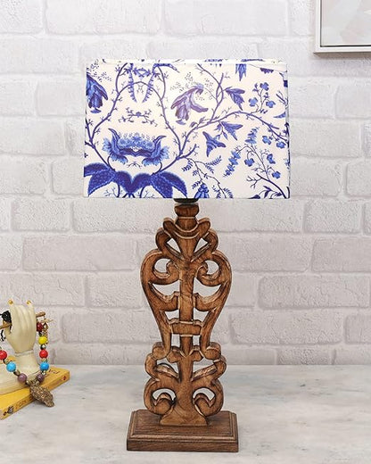 Sculptural Hand Carved Wood Table Lamp with Blue Birds shade, Mint Green.