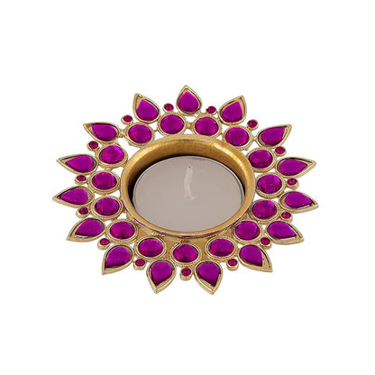 Crystal Diya with T-Light- Set of Four silver plates, candle holder stand with free candle