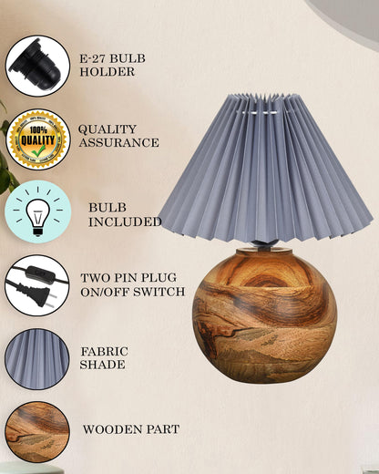 Round Wood Rustic Table Lamp for Bedroom, Living Room, Dining Room, Accent Table, Coffee Table, Nordic Fabric Shade, Pleated Jute