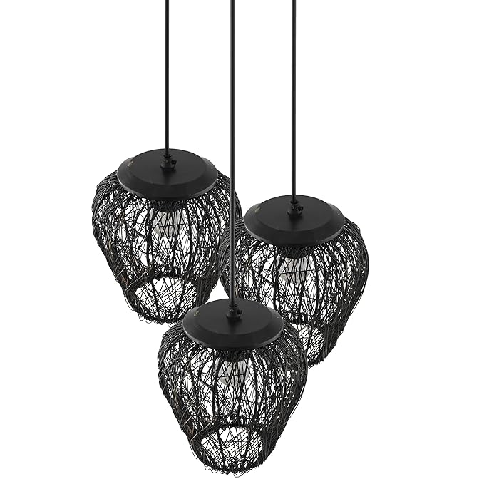 3-Lights Cluster Chandelier Black Steel Wire Mesh Pendant, Decorative, Black, URBAN Retro, Nordic Style, LED/Filament Bulb