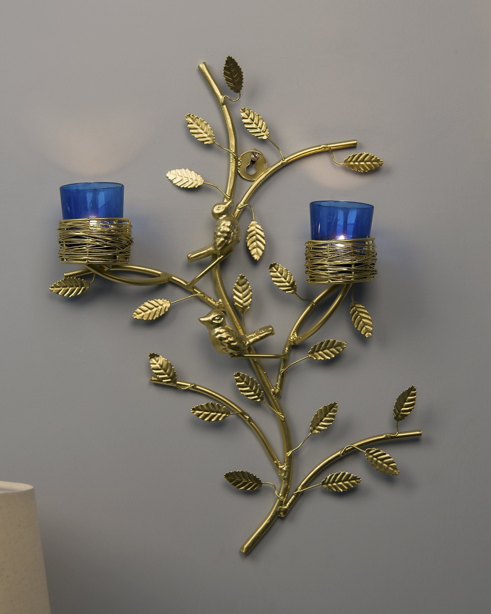 Golden Tree with Bird Nest Votive Stand Green, Wall Candle Holder and Tealight Candles