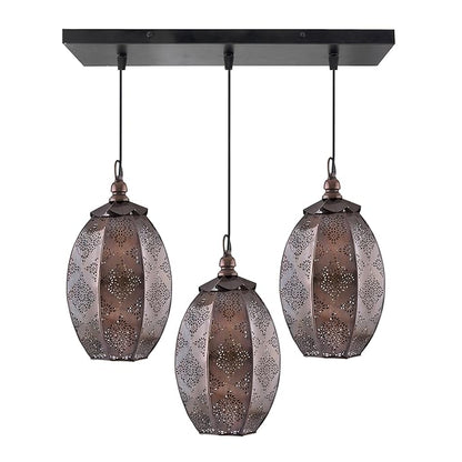 3-Lights Linear Cluster Chandelier Antique Finish Oval Moroccan Hanging Pendant Light, Kitchen Area and Dining Room Light, LED/Filament Light