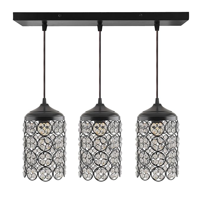 3-Lights Linear Cluster Cylinder Chandelier Quad Crystal Hanging Light, Decorative, Black, Kitchen Area and Dining Room Light, LED/Filament Light