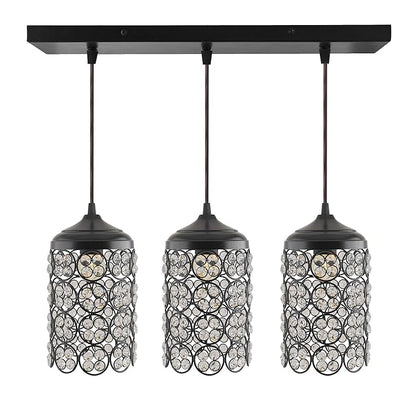3-Lights Linear Cluster Cylinder Chandelier Quad Crystal Hanging Light, Decorative, Black, Kitchen Area and Dining Room Light, LED/Filament Light