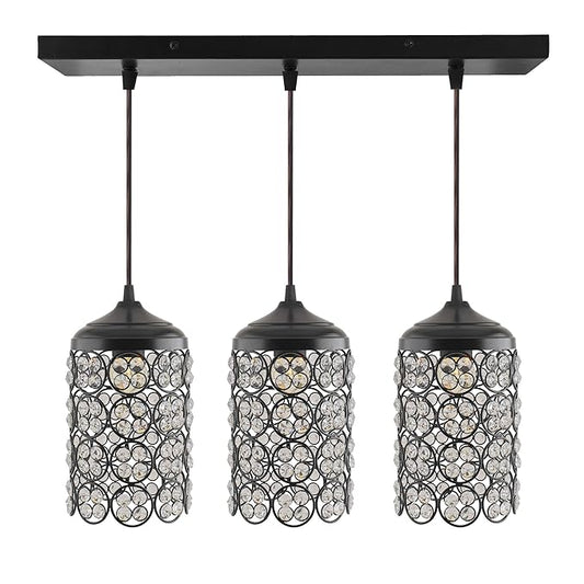 3-Lights Linear Cluster Cylinder Chandelier Quad Crystal Hanging Light, Decorative, Black, Kitchen Area and Dining Room Light, LED/Filament Light
