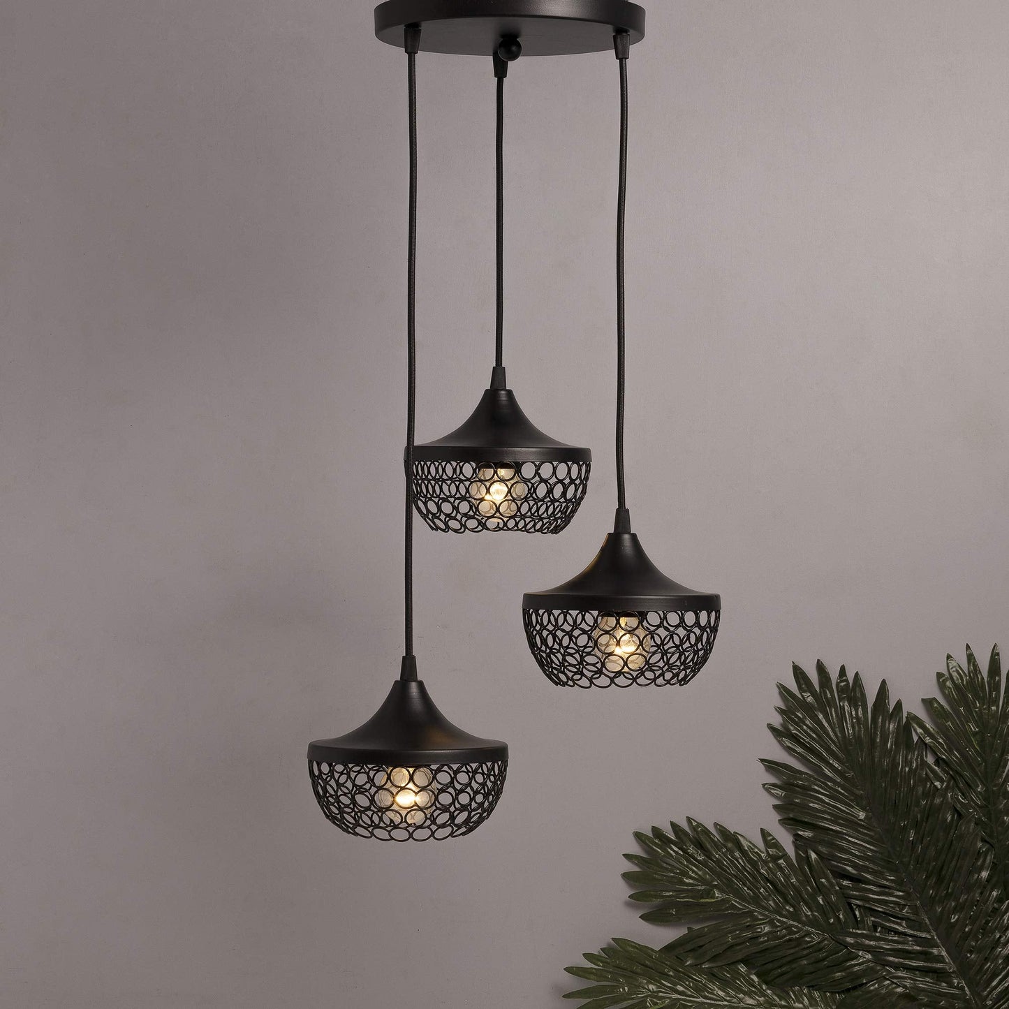 3-lights Round Cluster Chandelier Crystal hanging goblet Pendant Light with Braided Cord