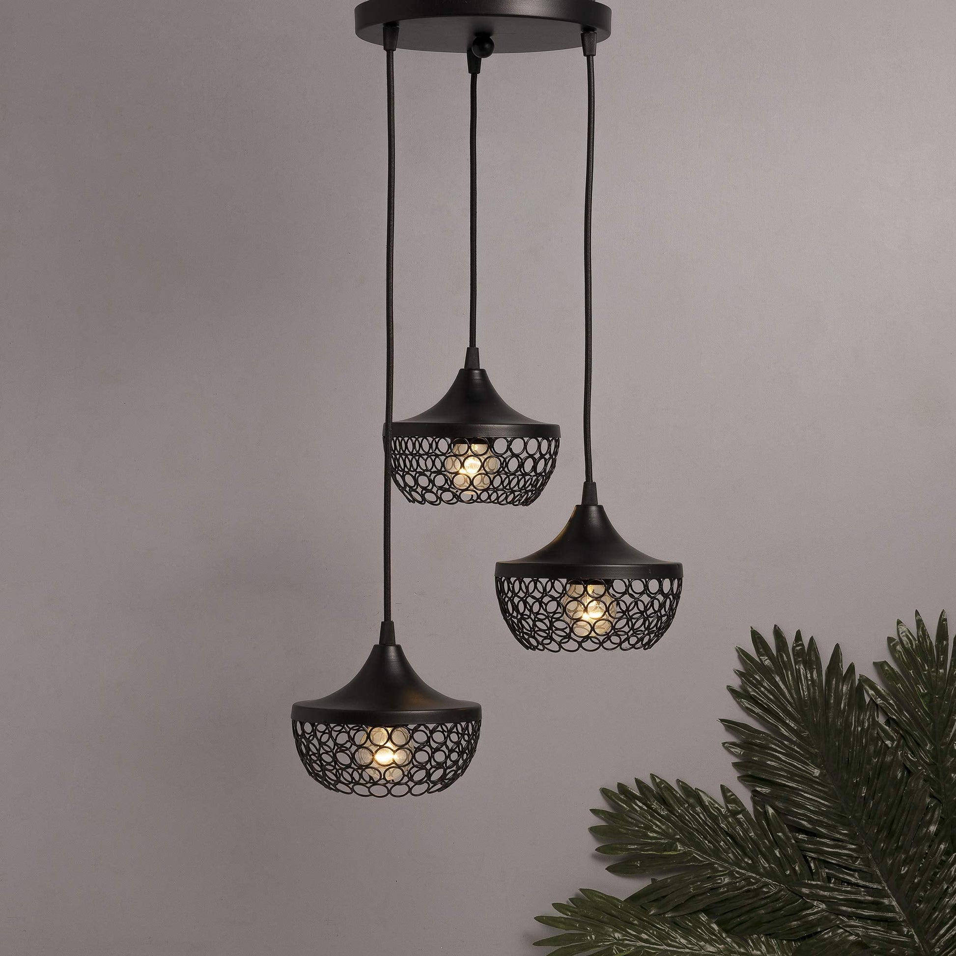 3-lights Round Cluster Chandelier Crystal hanging goblet Pendant Light with Braided Cord
