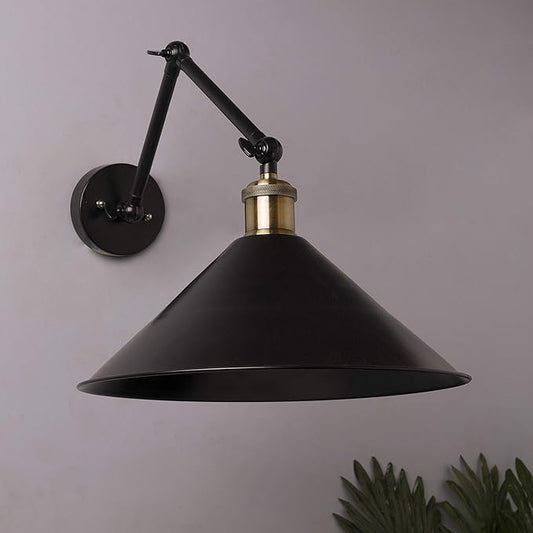 Edison Black 360 Barn Cone Shade Wall Lamp, Vintage Industrial Loft, E27 Holder, Decorative, Swing Wall Light, Triple movement