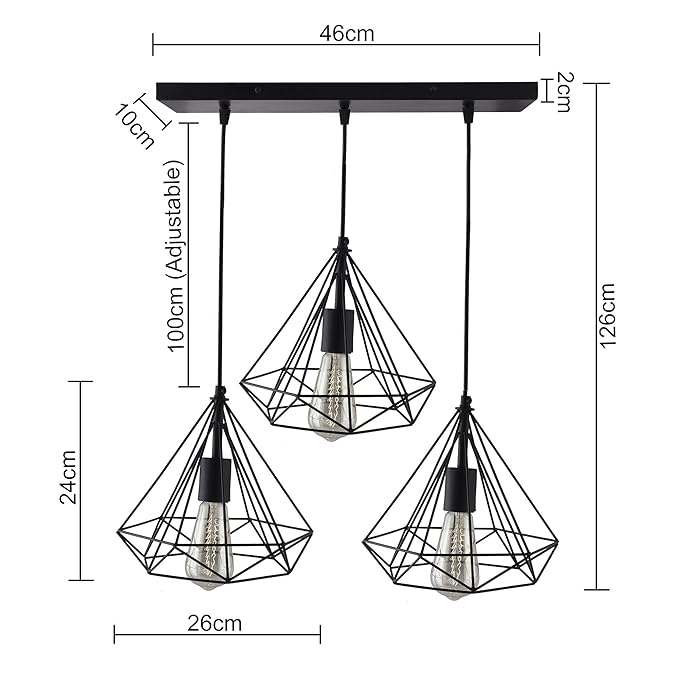 3-lights Cluster Chandelier Black Diamond Hanging Pendant Light with Black Cord