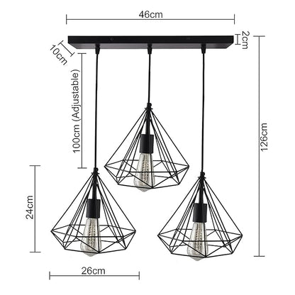 3-lights Cluster Chandelier Black Diamond Hanging Pendant Light with Black Cord