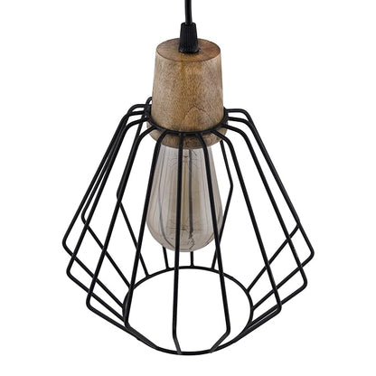 Industrial Loft Black Metal Cubist Cage Wood Art Pendant, Hanging Ceiling Lights, Edison Vintage light