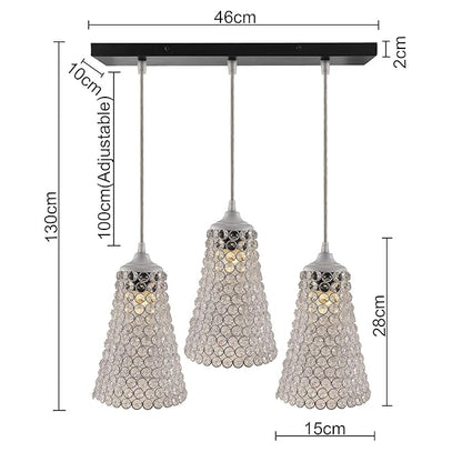 3-lights Linear Cluster Chandelier Crystal Cone Hanging Pendant Light with Braided Cord