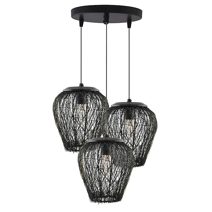 3-Lights Cluster Chandelier Black Steel Wire Mesh Pendant, Decorative, Black, URBAN Retro, Nordic Style, LED/Filament Bulb