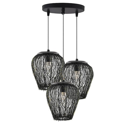 3-Lights Cluster Chandelier Black Steel Wire Mesh Pendant, Decorative, Black, URBAN Retro, Nordic Style, LED/Filament Bulb