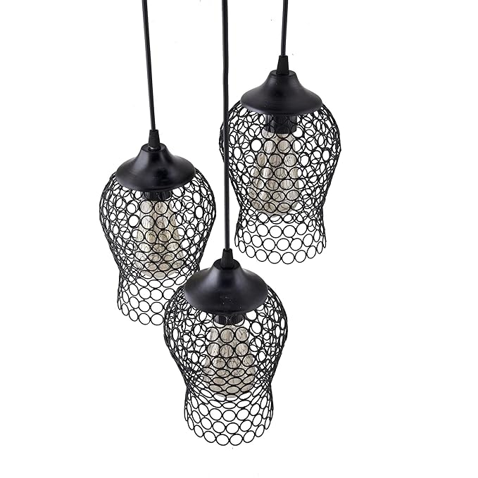 3-lights Round Cluster Chandelier Black Chimney Hanging Pendant Light with Braided Cord