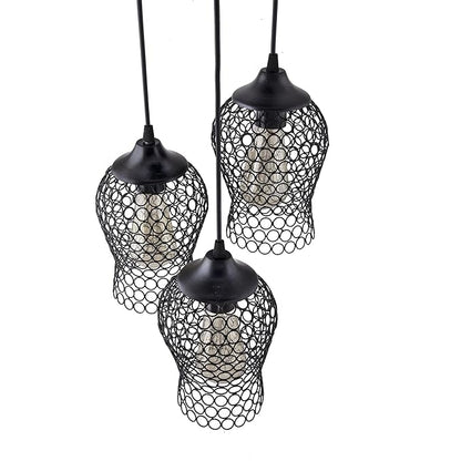 3-lights Round Cluster Chandelier Black Chimney Hanging Pendant Light with Braided Cord