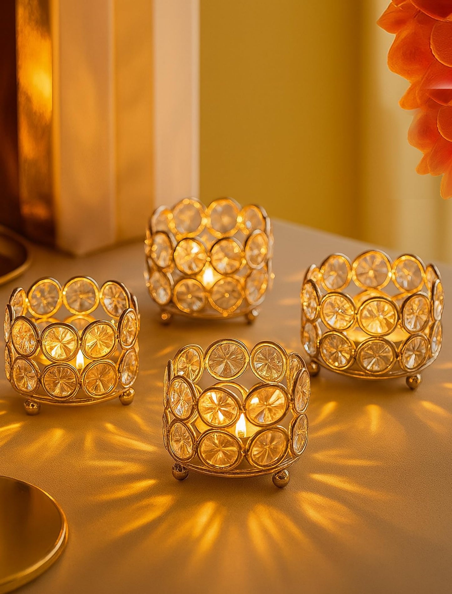 Crystal Tealight Candle Holder Votives Bowl Candle Holders for Home Decoration, Diya Diwali Decoration Lights Centerpieces for Wedding Home Party Table Decoration, Gold, Pack of 6 & 10