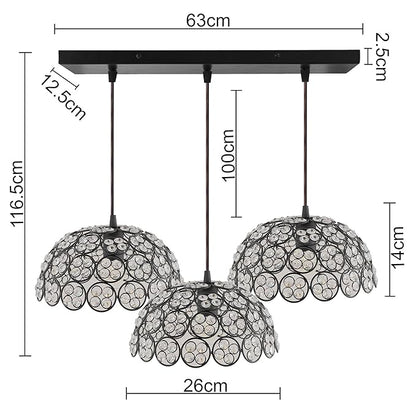 3-Lights Linear Cluster Hemisphere Chandelier Quad Crystal Hanging Light, Decorative, Black, Kitchen Area and Dining Room Light, LED/Filament Light