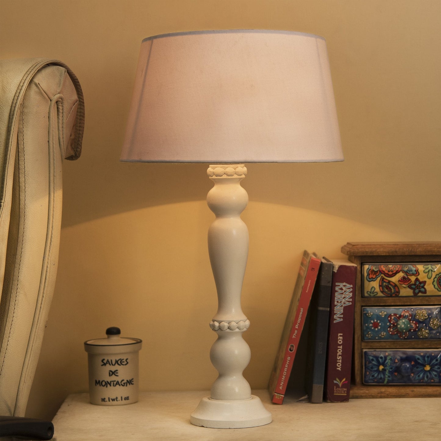 Homesake® Eureka Polka White Wood Table Lamp with White Drum Shade for Living Room, Home Decor, Bedroom