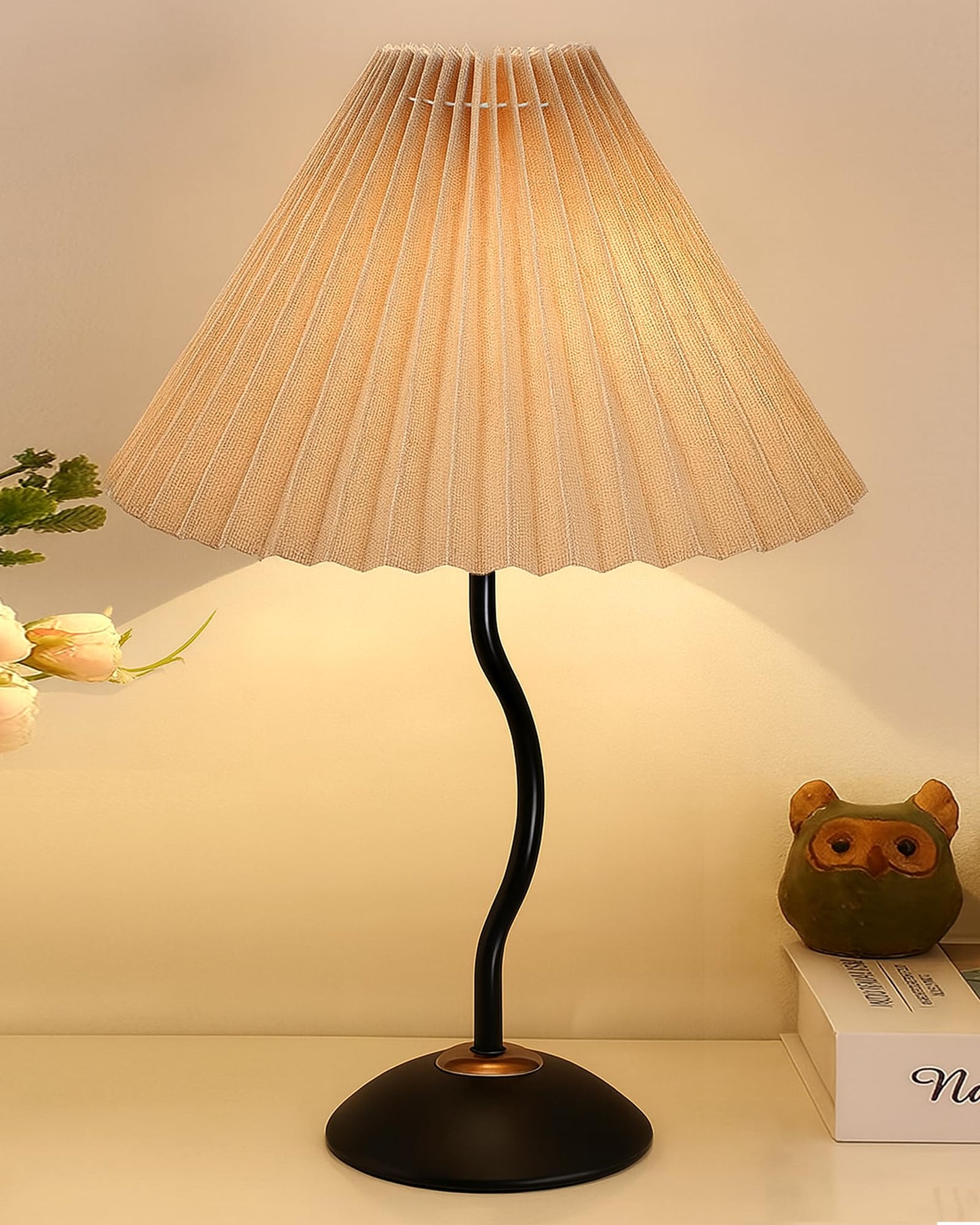Homesake® Matt Black Twister Small Table Lamp, Modern Bedside Nightstand, Lamps | Desk Accessories | Metal Base for Bedroom, Home Office, Living Room, Kids Dorm, E27 Holder, Pleated