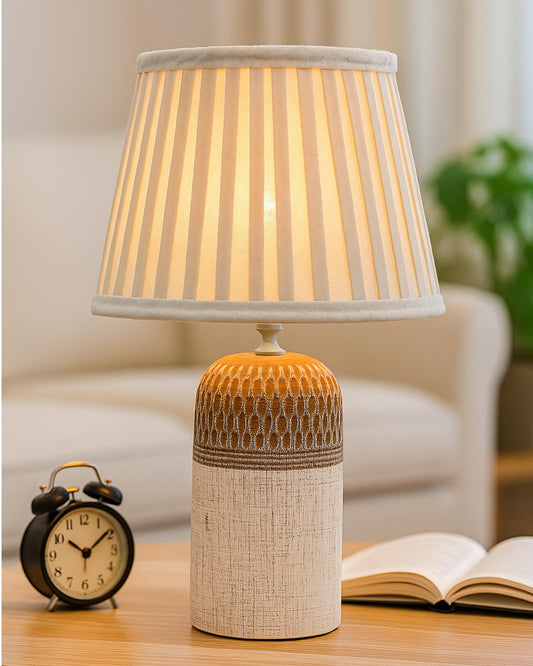 Homesake® Modern Ceramic Table Lamp with Fabric Shade, Minimal Bedside Lamp for Living Room & Bedroom, Brown Carved Honeycomb Pattern, Khadi Frill,