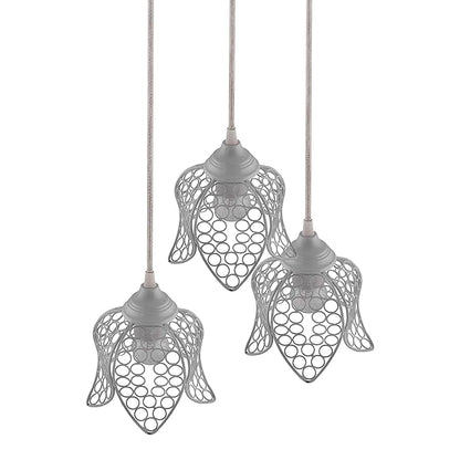 3-Lights Round Cluster Chandelier White Lotus Hanging Pendant Light with Braided Cord