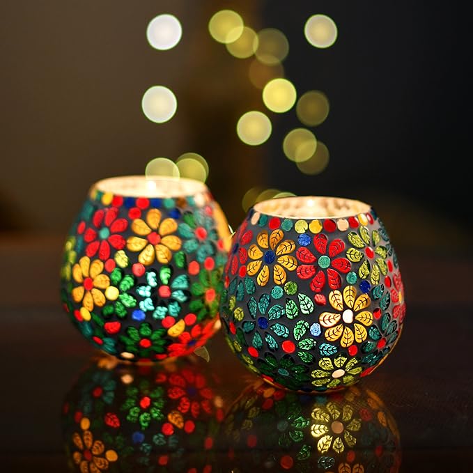 Moroccan Glass Mosaic Candle Holder, Tea Light holder Votive, Set of 2