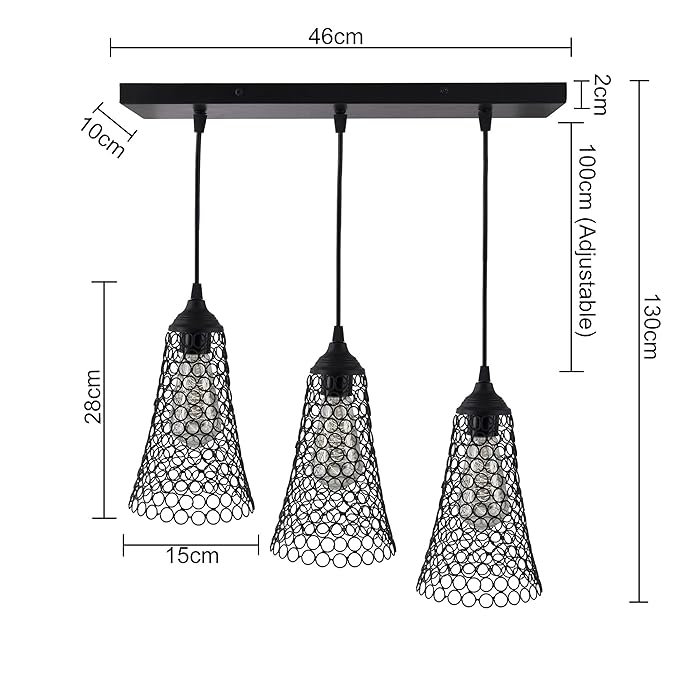3-lights Linear Cluster Chandelier Cone hanging Pendant Light, kitchen area and dining room light