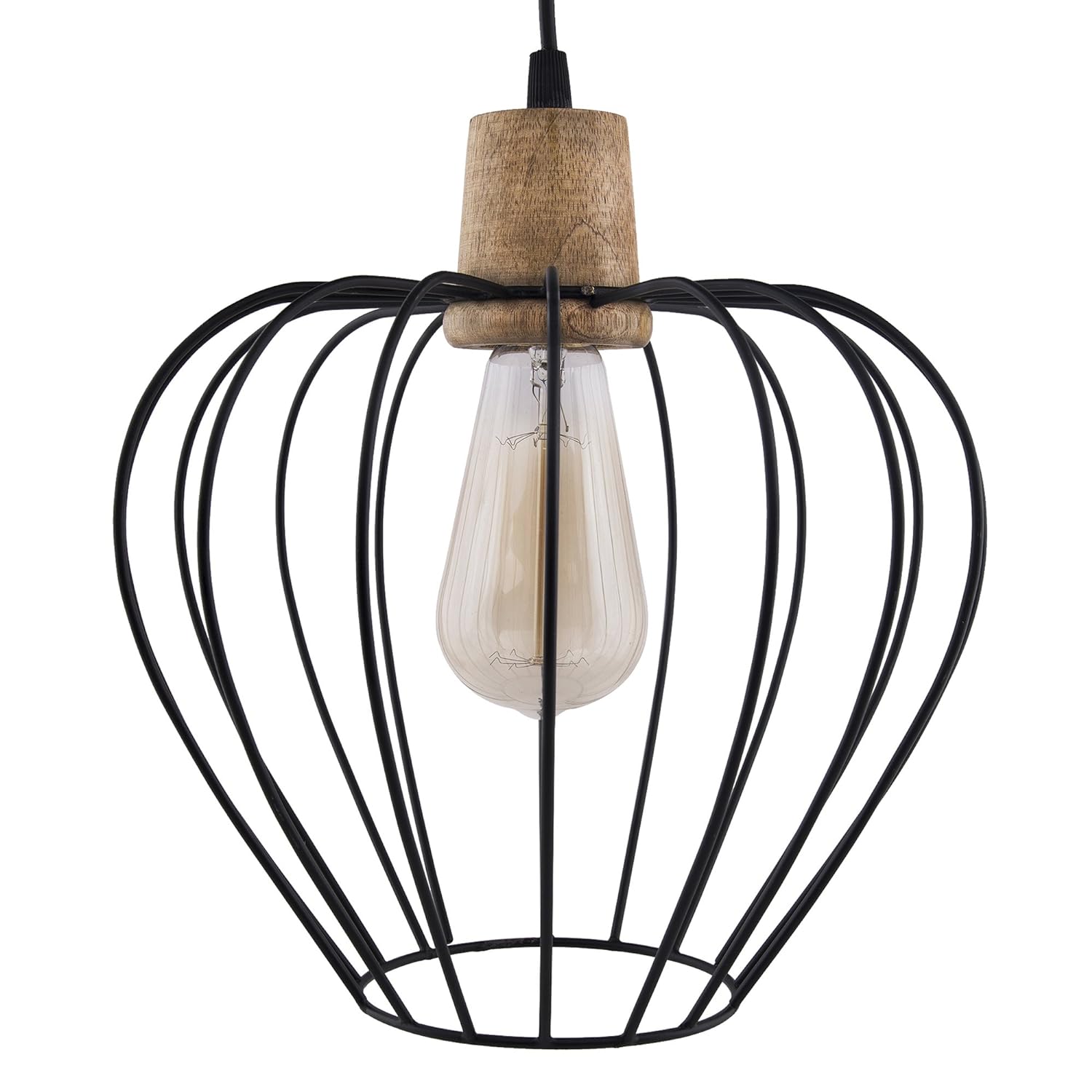 Industrial Loft Black Metal Chimney Cage Wood Art Pendant, Hanging Ceiling Lights, Edison Vintage light