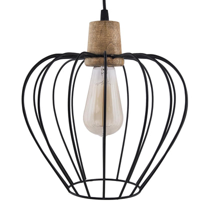 Industrial Loft Black Metal Chimney Cage Wood Art Pendant, Hanging Ceiling Lights, Edison Vintage light
