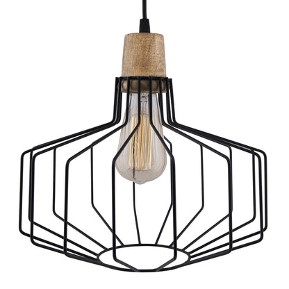 Industrial Loft Black Metal Cage Wood Art Pendant, Hanging Ceiling Lights, Edison Vintage light