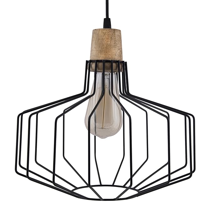 Industrial Loft Black Metal Cage Wood Art Pendant, Hanging Ceiling Lights, Edison Vintage light