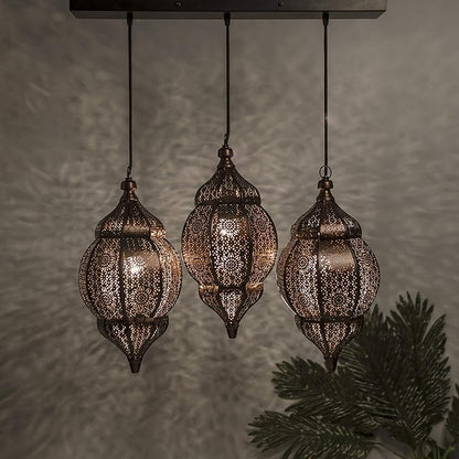 3-Lights Linear Cluster Chandelier Antique Classic Moroccan Orb Hanging Pendant Light, Kitchen Area and Dining Room Light, LED/Filament Light
