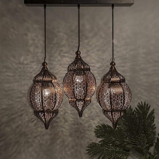 3-Lights Linear Cluster Chandelier Antique Classic Moroccan Orb Hanging Pendant Light, Kitchen Area and Dining Room Light, LED/Filament Light