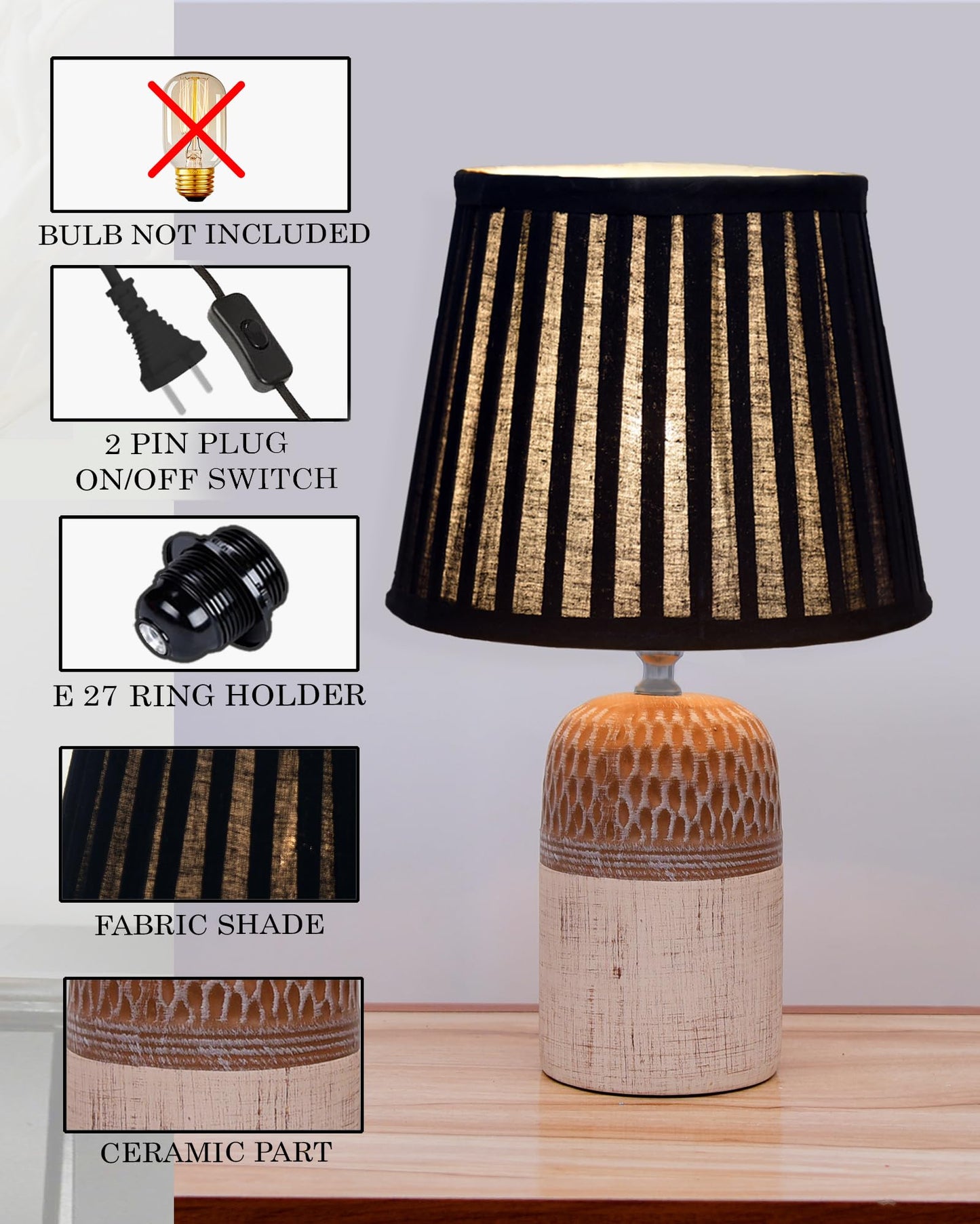 Homesake® Modern Ceramic Table Lamp with Fabric Shade, Minimal Bedside Lamp for Living Room & Bedroom, Brown Carved Honeycomb Pattern, Khadi Frill,