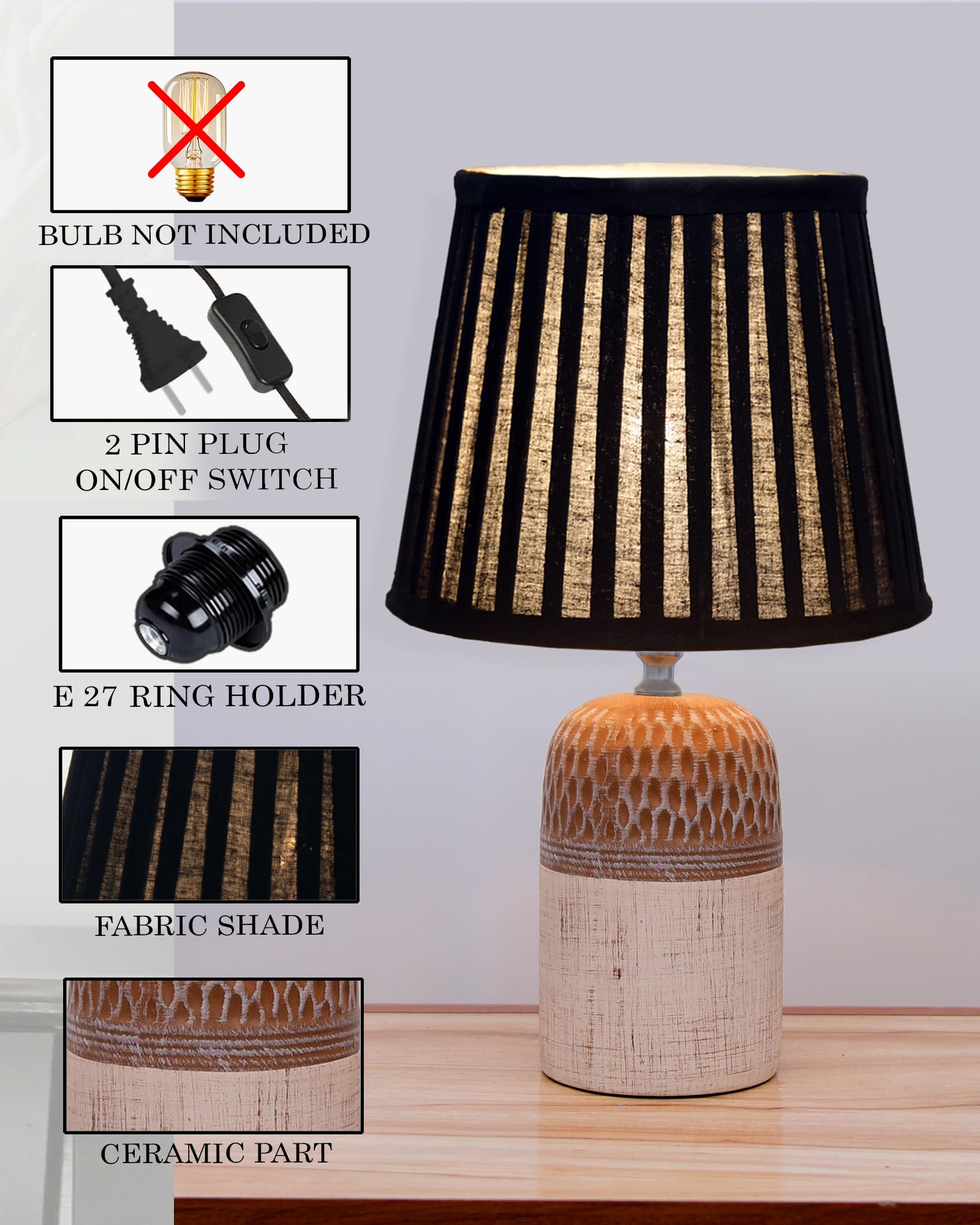 Homesake® Modern Ceramic Table Lamp with Fabric Shade, Minimal Bedside Lamp for Living Room & Bedroom, Brown Carved Honeycomb Pattern, Khadi Frill,