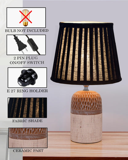 Homesake® Modern Ceramic Table Lamp with Fabric Shade, Minimal Bedside Lamp for Living Room & Bedroom, Brown Carved Honeycomb Pattern, Khadi Frill,