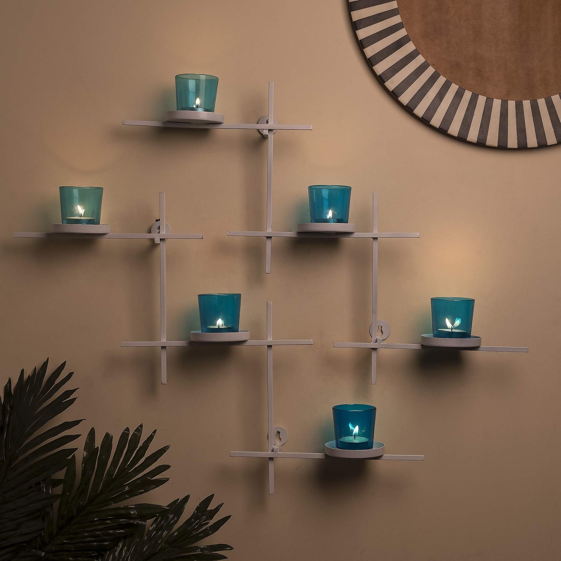 Homesake® White Scorching Ladder with Six Votive Blue, Wall Hanging Candle Tealight Holder, Set of 2