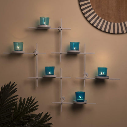 Homesake® White Scorching Ladder with Six Votive Blue, Wall Hanging Candle Tealight Holder, Set of 2
