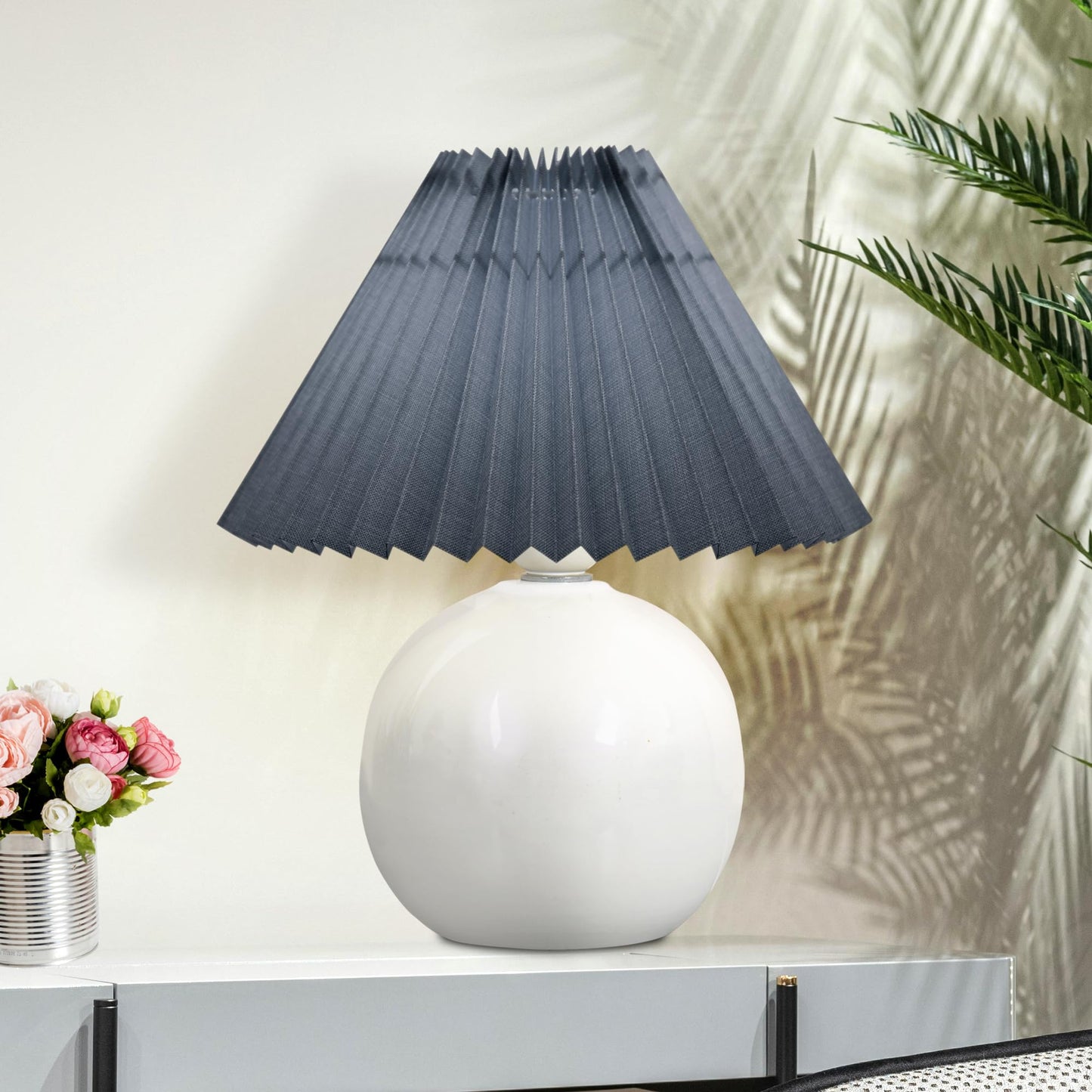 Bedside White Ceramic Table Lamp, Classic Desk lamp for Living Room Bedroom, Farmhouse Nightstand Lamps Round with Jute Pleated Shade