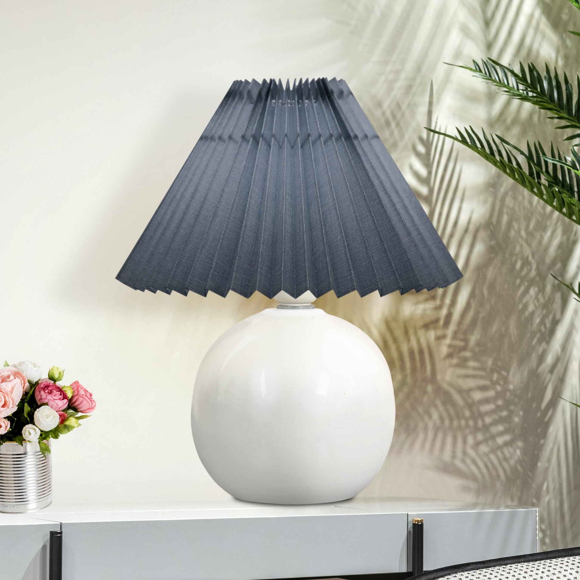 Bedside White Ceramic Table Lamp, Classic Desk lamp for Living Room Bedroom, Farmhouse Nightstand Lamps Round with Jute Pleated Shade