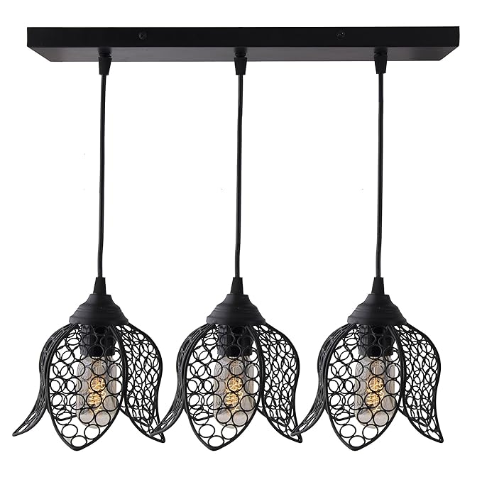 3-lights Cluster Chandelier Black Lotus Hanging Pendant Light with Braided Cord
