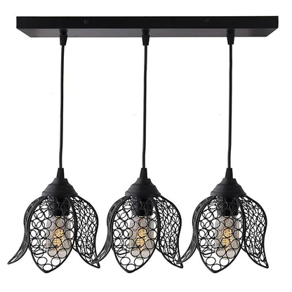 3-lights Cluster Chandelier Black Lotus Hanging Pendant Light with Braided Cord