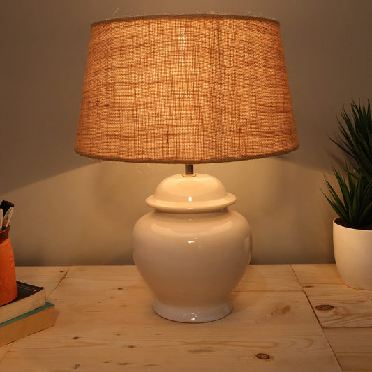 Homesake® Ceramic Pot Shaped Base White Table Lamp with Shade, LED Bulb (Jute)