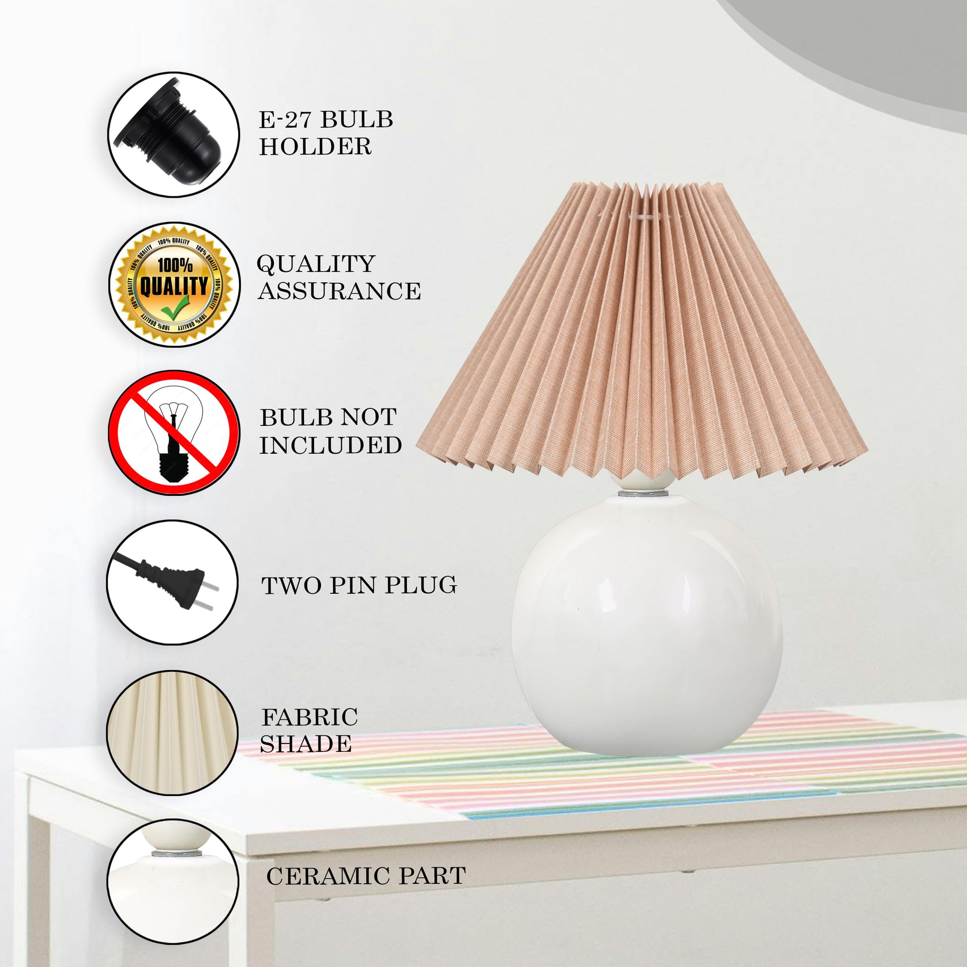 Bedside White Ceramic Table Lamp, Classic Desk lamp for Living Room Bedroom, Farmhouse Nightstand Lamps Round with Jute Pleated Shade