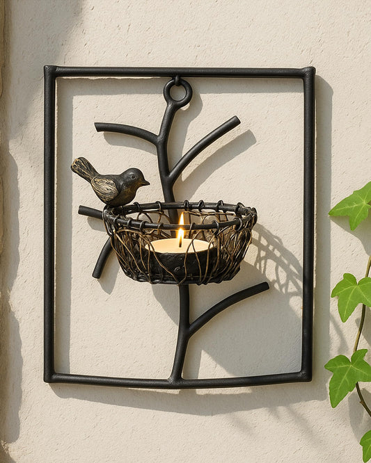 Homesake® Decorative Wall Bird with Nest Leaf Tealight Holder, Antique Metal Wall Scone Candle Holder, Wall Decoration for Living Room Bedroom