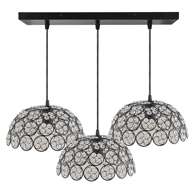 3-Lights Linear Cluster Hemisphere Chandelier Quad Crystal Hanging Light, Decorative, Black, Kitchen Area and Dining Room Light, LED/Filament Light