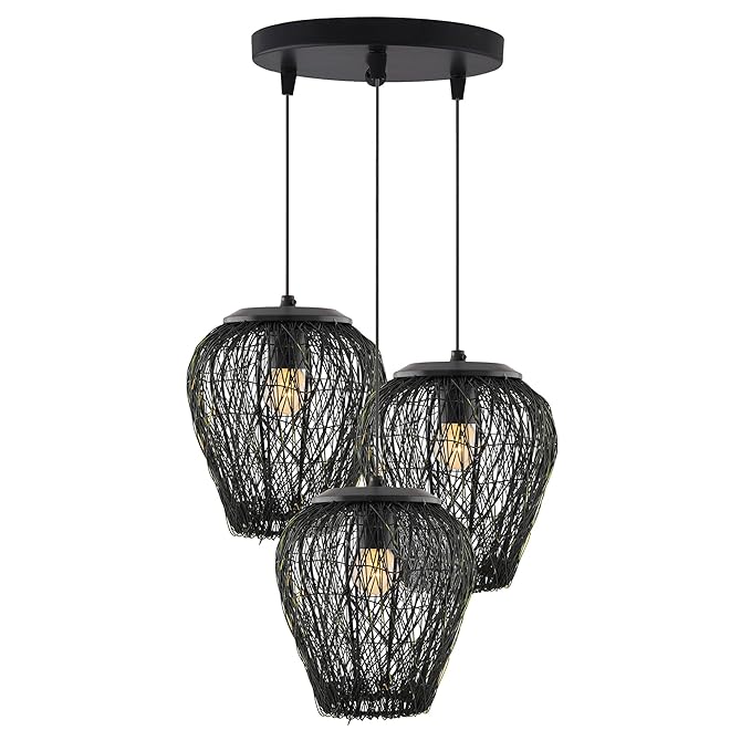 3-Lights Cluster Chandelier Black Steel Wire Mesh Pendant, Decorative, Black, URBAN Retro, Nordic Style, LED/Filament Bulb
