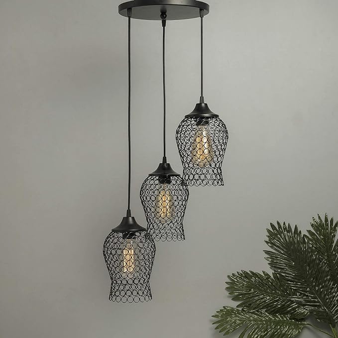 3-lights Round Cluster Chandelier Black Chimney Hanging Pendant Light with Braided Cord