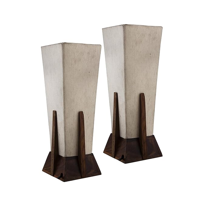 Homesake® Bedside Table Lamp, Retro Style  Wood Pyramid Table Lamp with Khadi Fabric Shade, Nightstand Mini Desk Lamps for Bedroom, Living Room, Baby Room, Bookcase SET OF 2